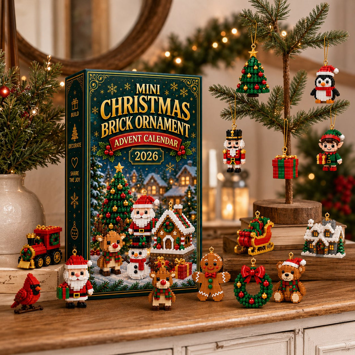 ⏳あと 1 日限定 49% OFF 🎄24 日間ミニクリスマスオーナメント アドベントカレンダー|24 種類のユニークな組み立て式ホリデー飾り、吊りループ付き。クリスマスツリー、リース、ホリデーディスプレイに最適🧱