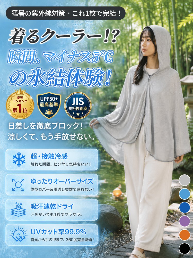 ひんやり速乾UVカット冷感ポンチョ 夏の日差しも怖くない！ひんやり