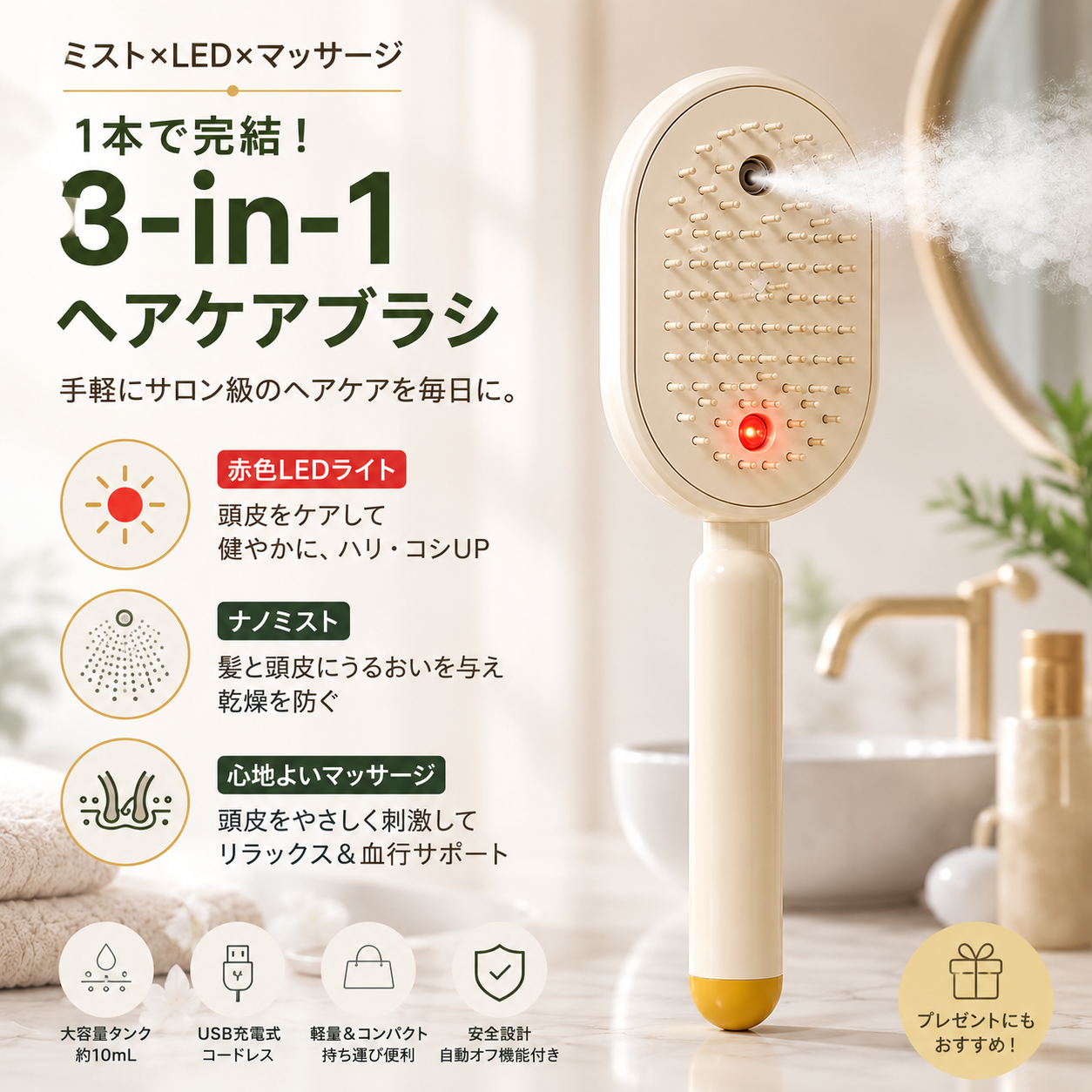 噴霧機能付き 電動エアクッションマッサージコーム