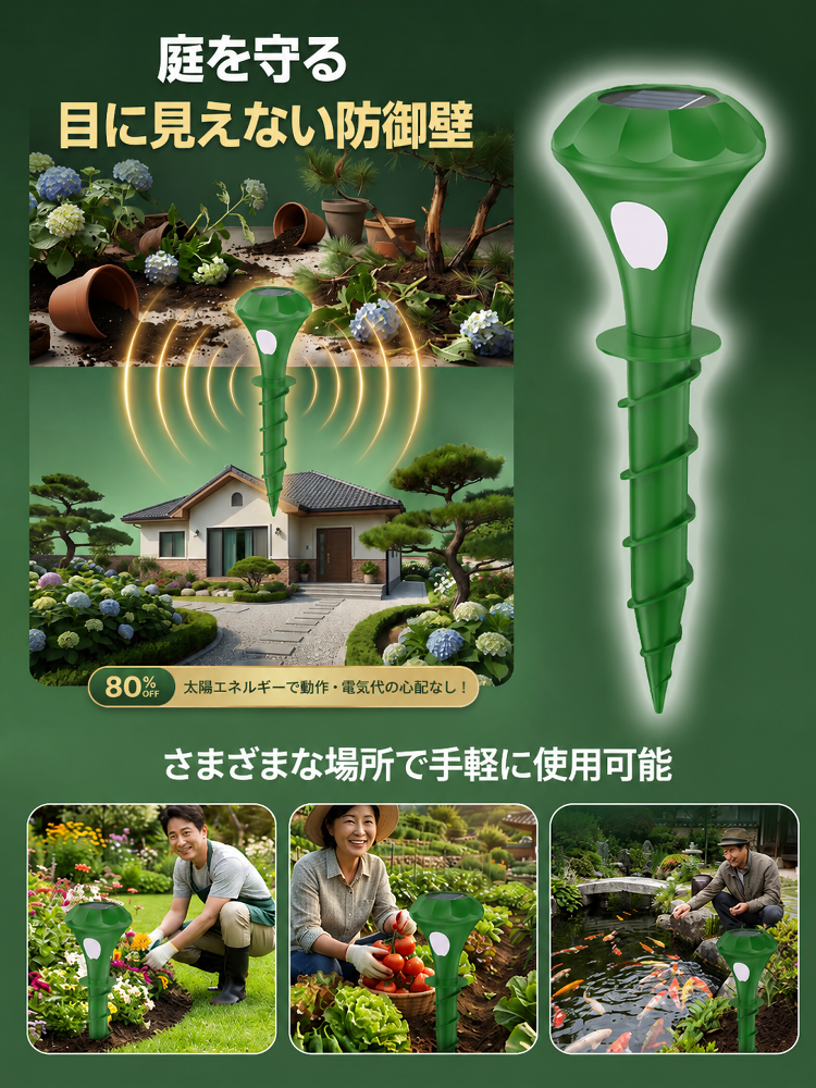 ソーラー充電超音波撃退器 ガーデン・農場の動物対策