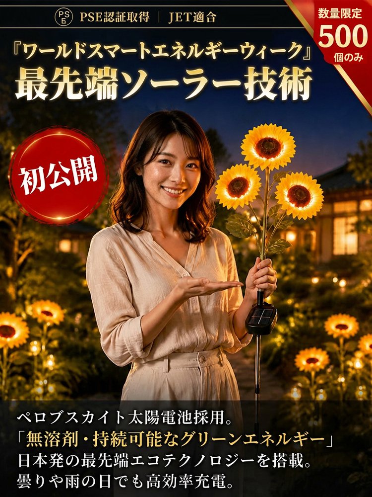 ソーラーひまわりライトは、太陽光があれば素早く充電でき、年間電気代ゼロ！