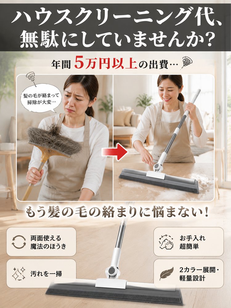 【替えヘッド付き】水切り対応多機能ゴムほうき