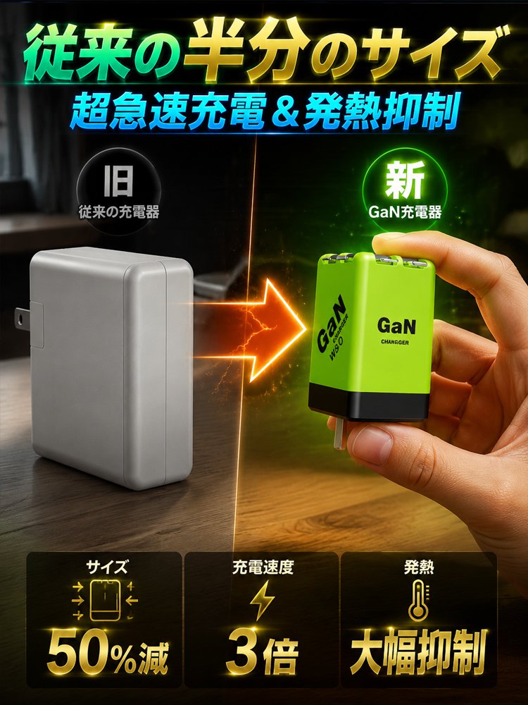 新世代GaN（窒化ガリウム）内蔵ケーブル充電器。コンパクトサイズで超高速充電！