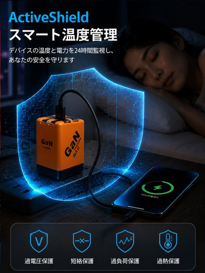 新世代GaN（窒化ガリウム）内蔵ケーブル充電器。コンパクトサイズで超高速充電！