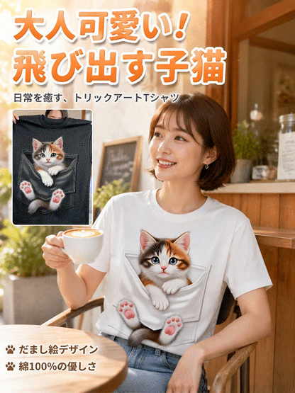 デジタルキャットプリント入りクルーネック半袖Tシャツ