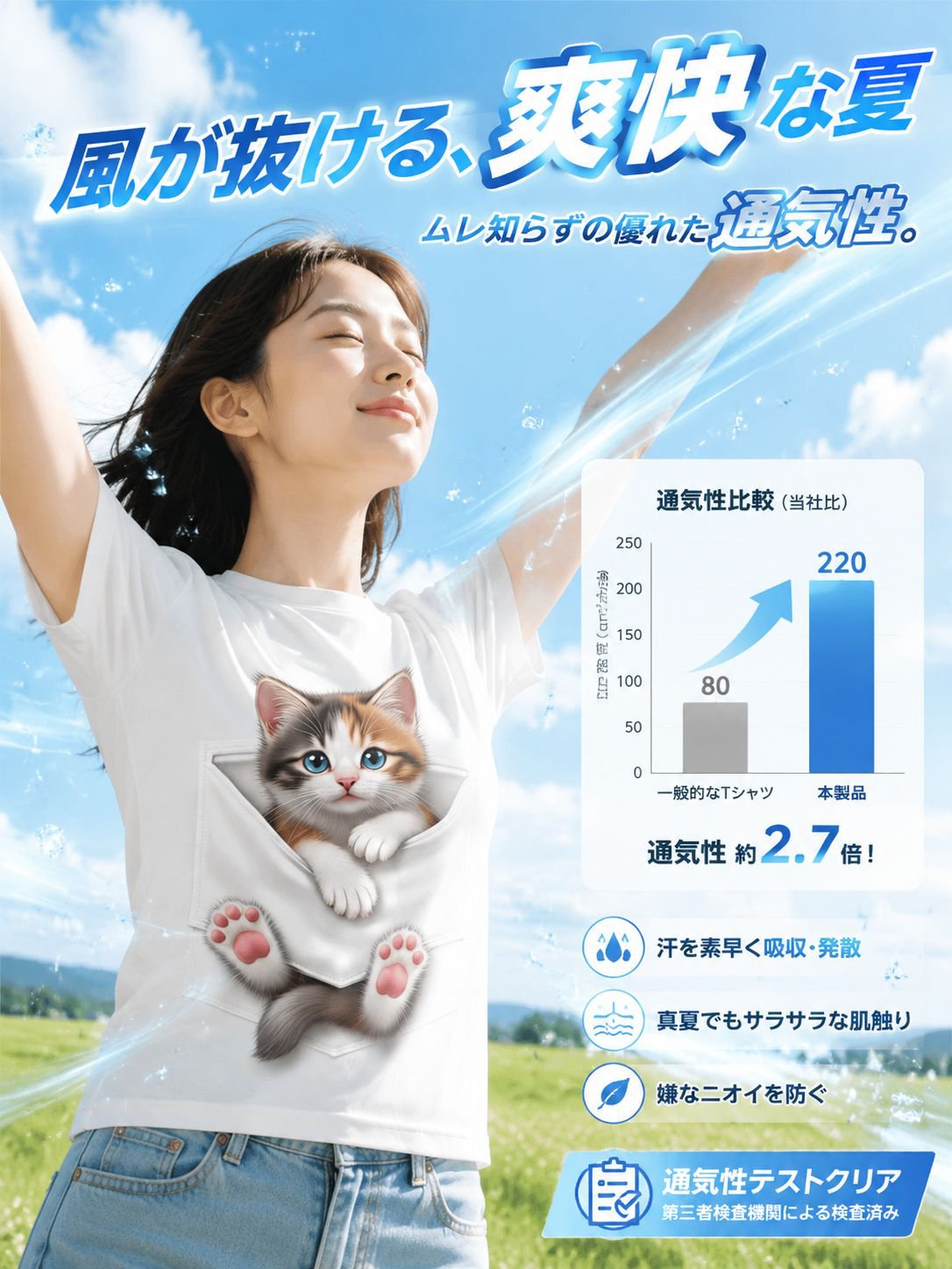 デジタルキャットプリント入りクルーネック半袖Tシャツ