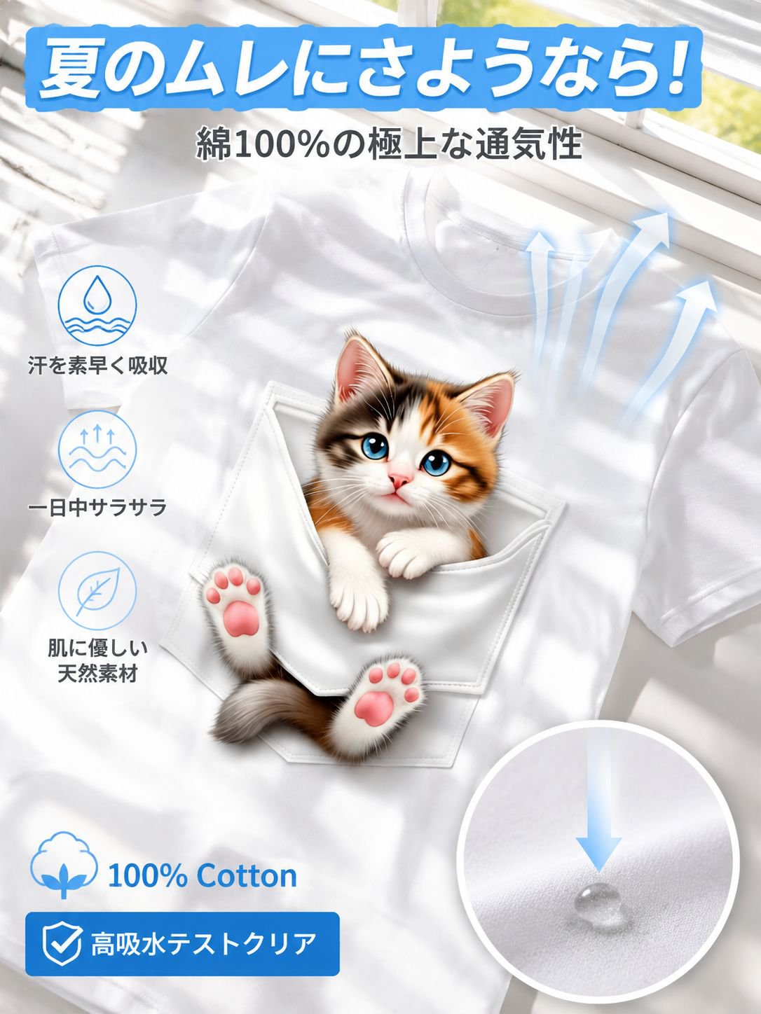 デジタルキャットプリント入りクルーネック半袖Tシャツ