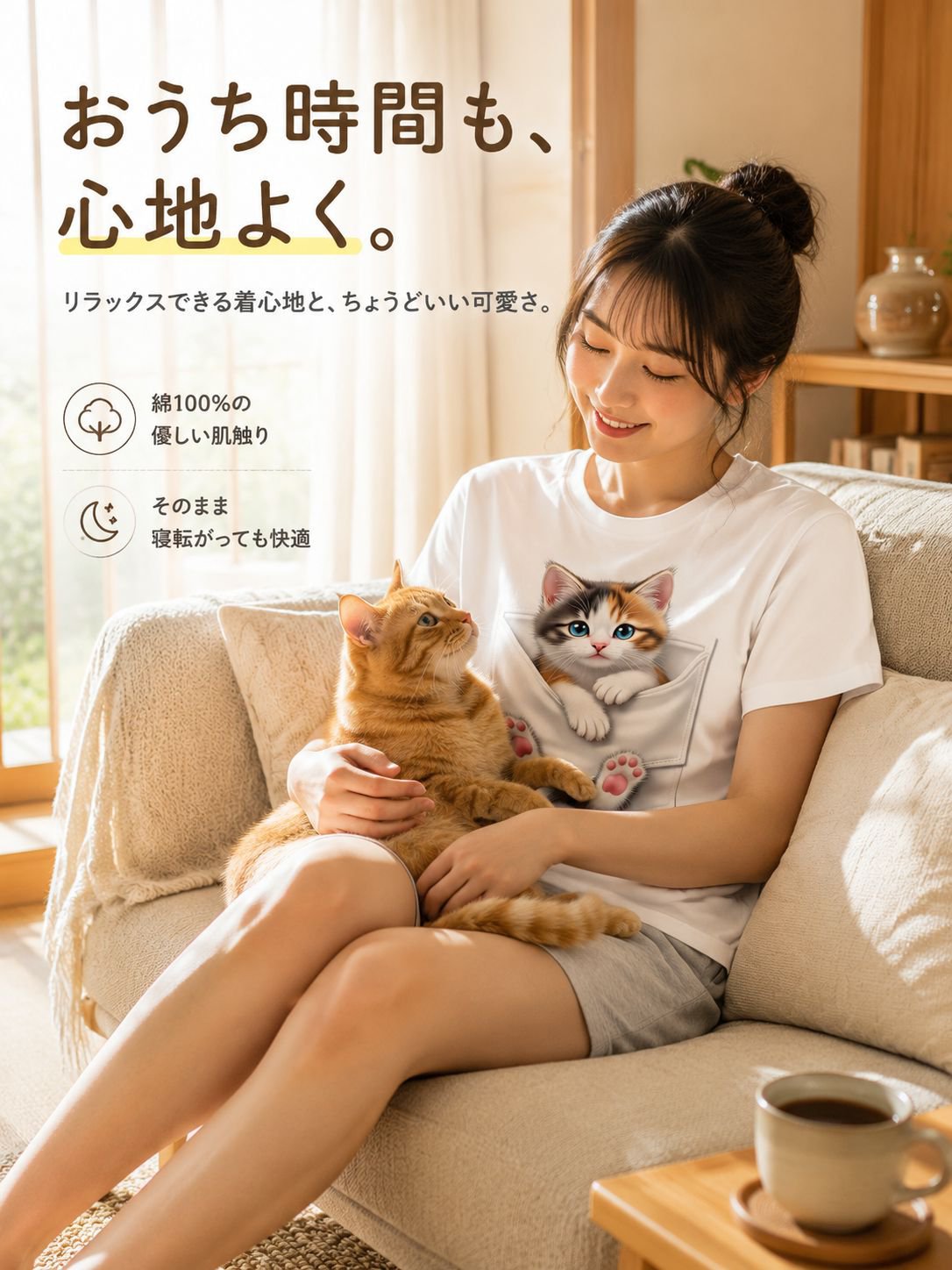 デジタルキャットプリント入りクルーネック半袖Tシャツ