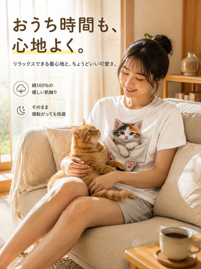デジタルキャットプリント入りクルーネック半袖Tシャツ