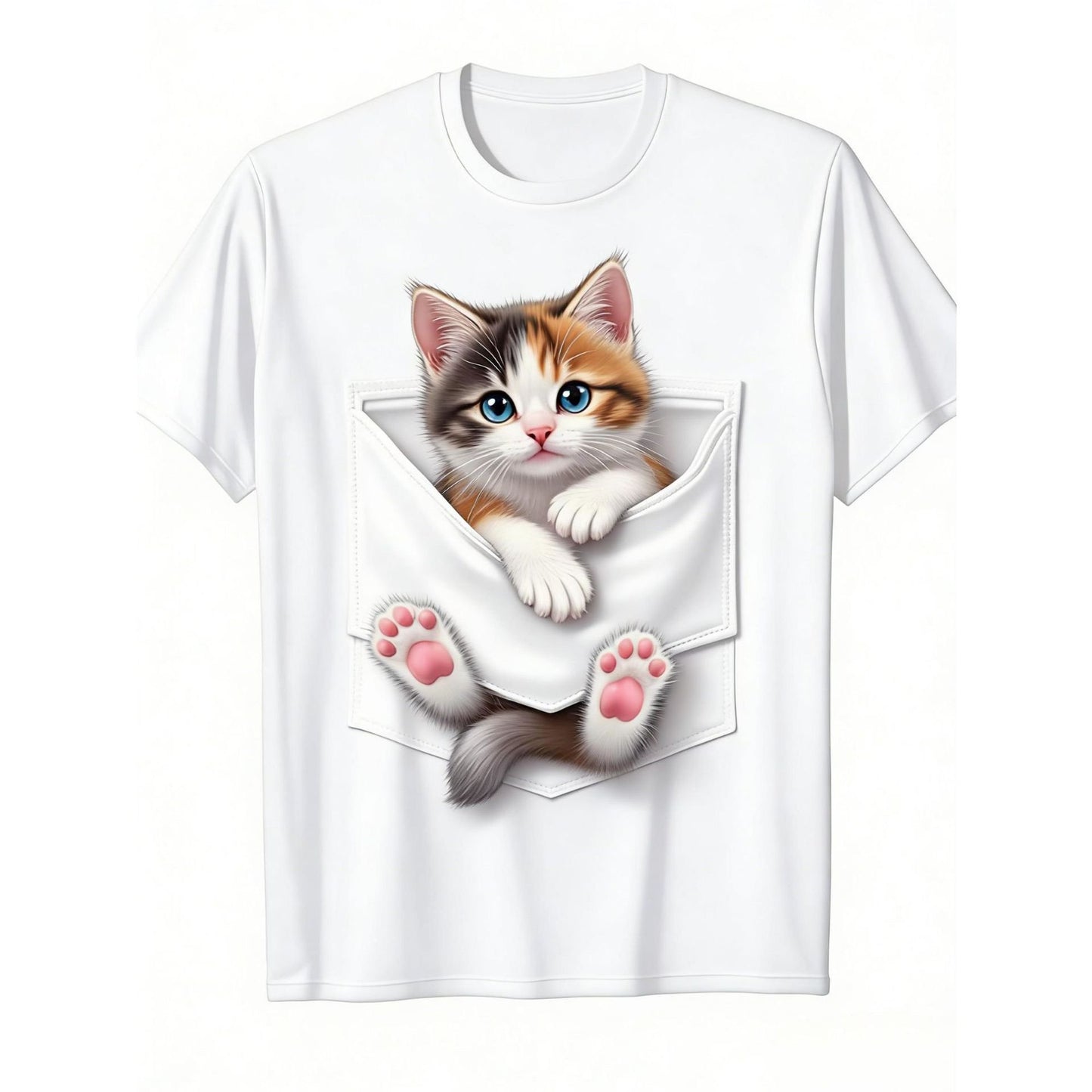 デジタルキャットプリント入りクルーネック半袖Tシャツ