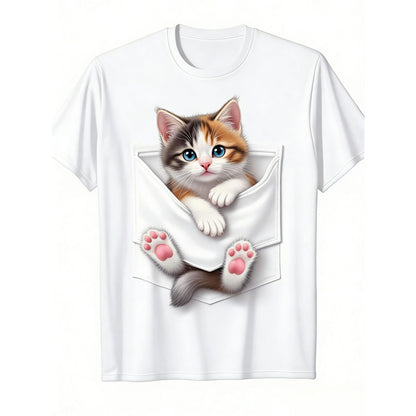 デジタルキャットプリント入りクルーネック半袖Tシャツ