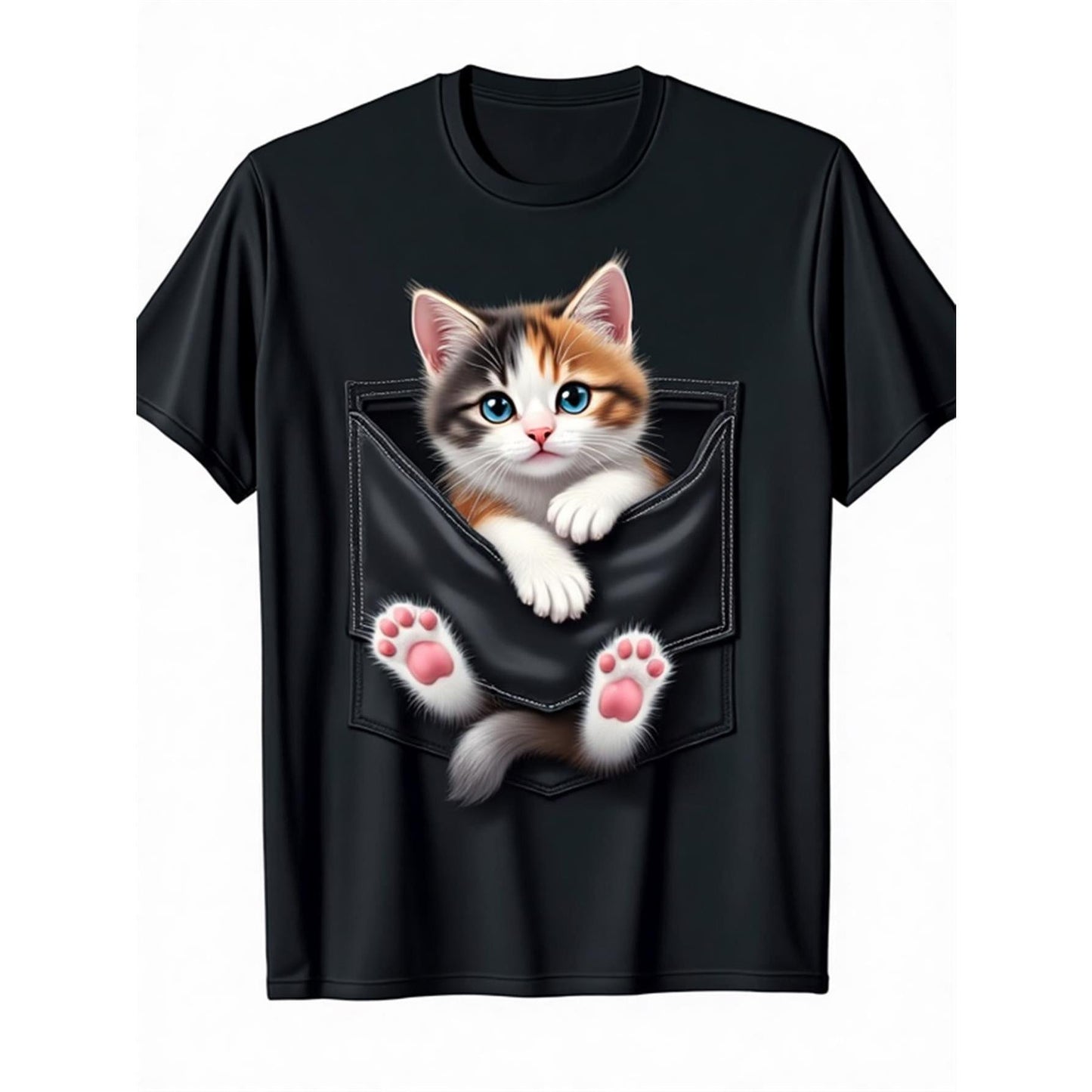 デジタルキャットプリント入りクルーネック半袖Tシャツ