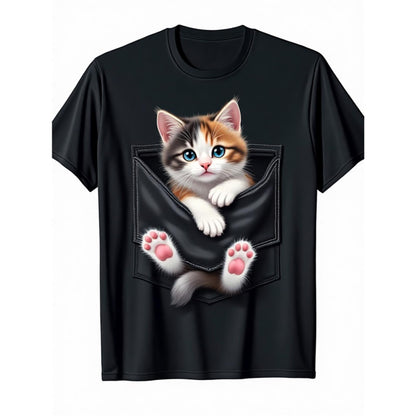 デジタルキャットプリント入りクルーネック半袖Tシャツ