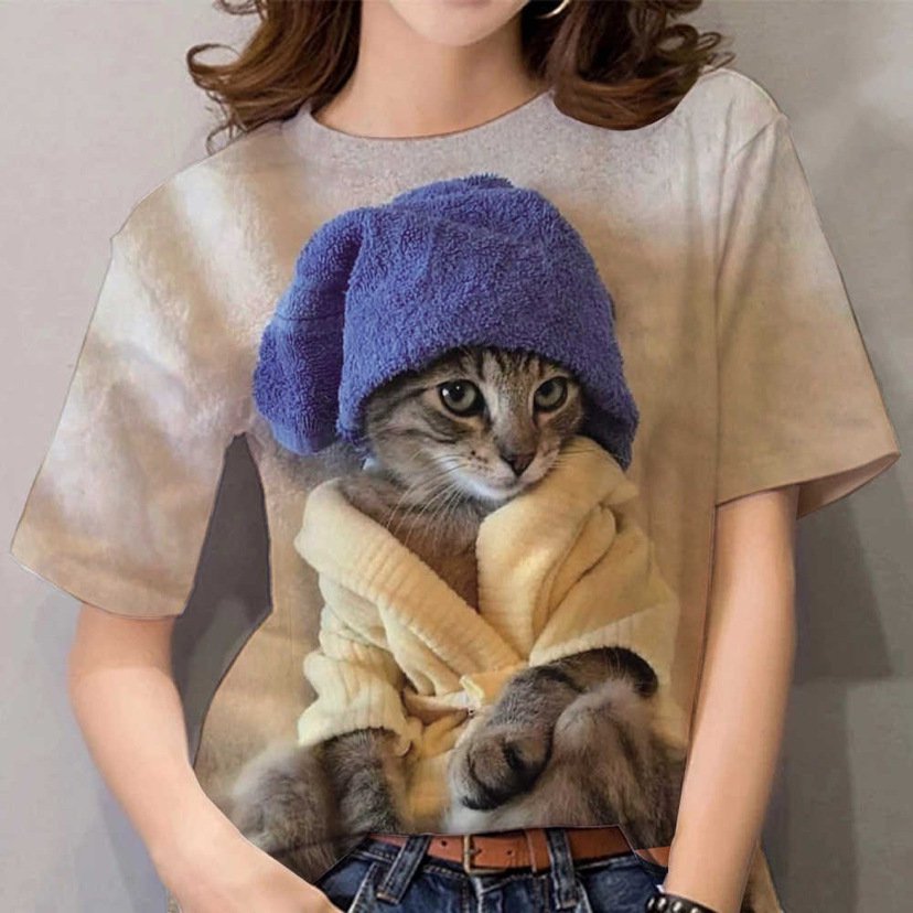 デジタルキャットプリント入りクルーネック半袖Tシャツ