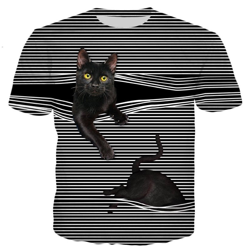 デジタルキャットプリント入りクルーネック半袖Tシャツ