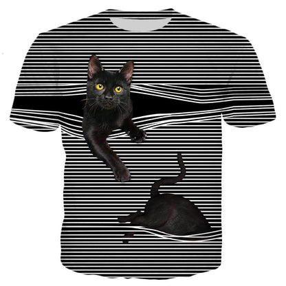 デジタルキャットプリント入りクルーネック半袖Tシャツ