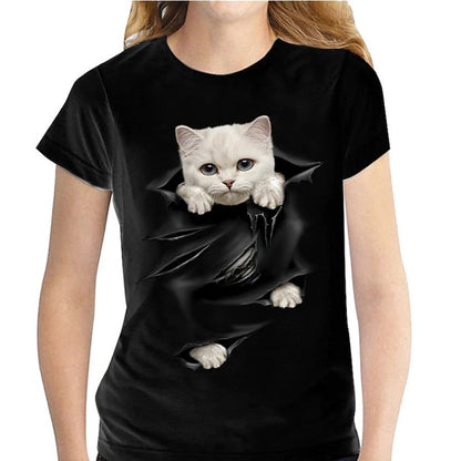 デジタルキャットプリント入りクルーネック半袖Tシャツ