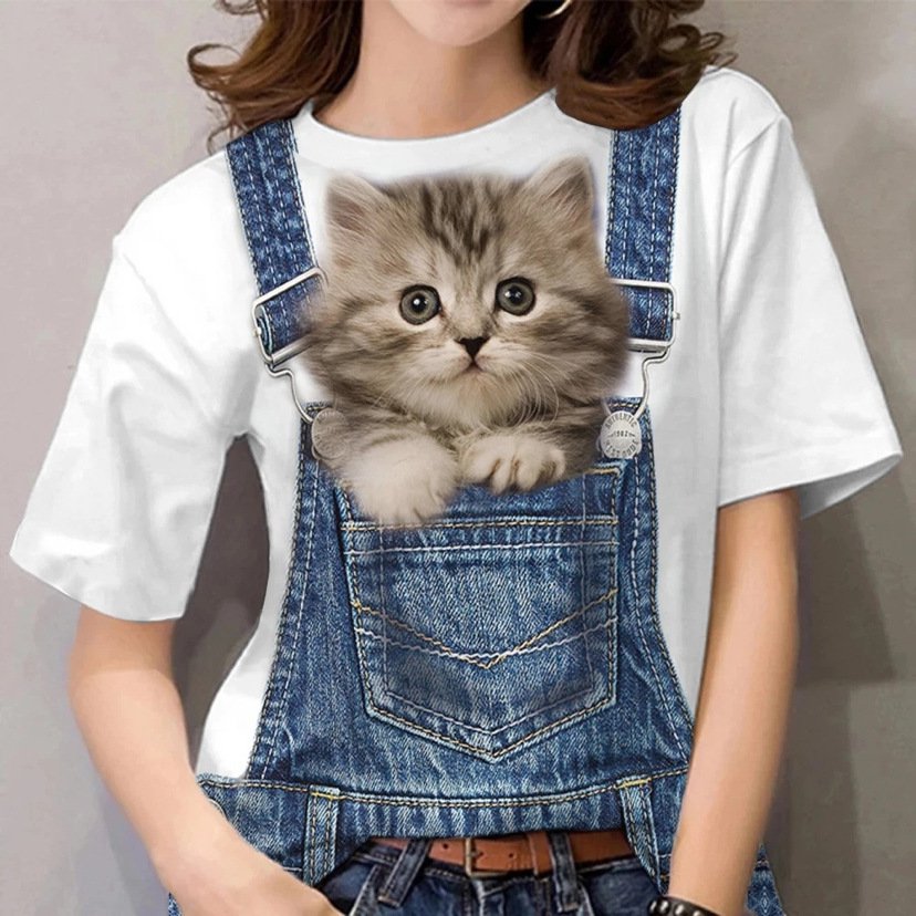 デジタルキャットプリント入りクルーネック半袖Tシャツ