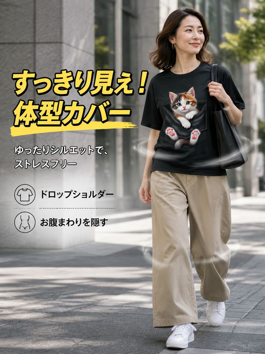 デジタルキャットプリント入りクルーネック半袖Tシャツ