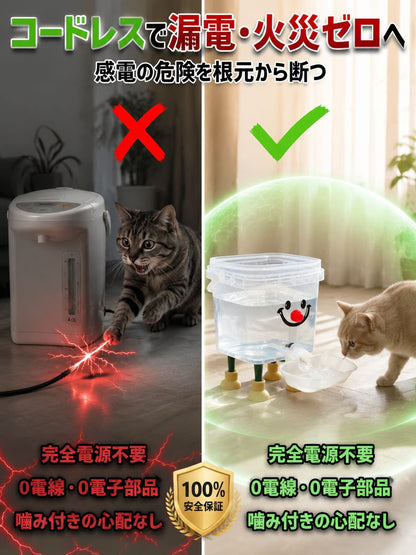 【獣医師監修・電気代0円】停電時も安心の自動給水器｜電源不要・大容量5L・静音0dB・丸洗い衛生的