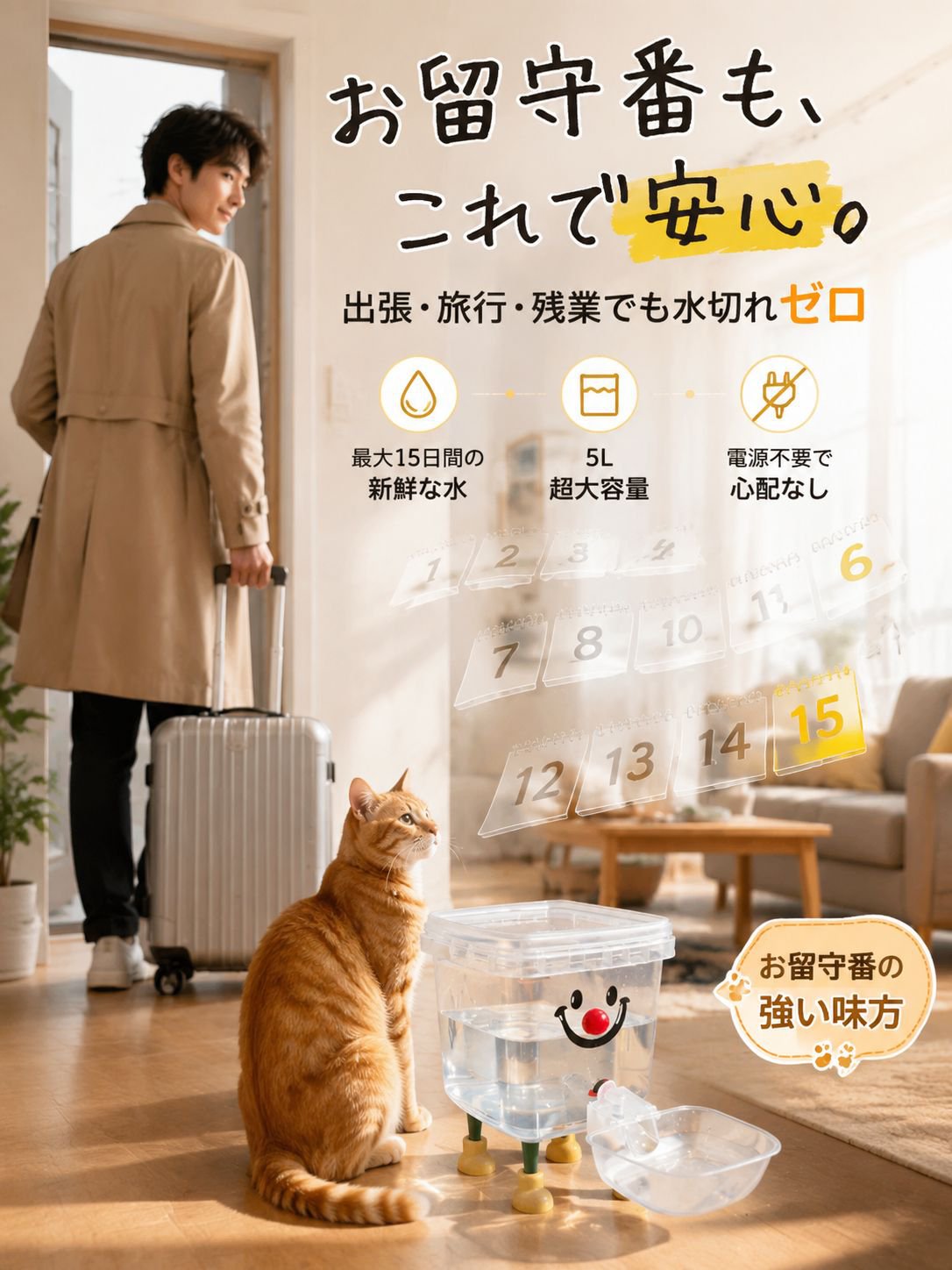 【獣医師監修・電気代0円】停電時も安心の自動給水器｜電源不要・大容量5L・静音0dB・丸洗い衛生的