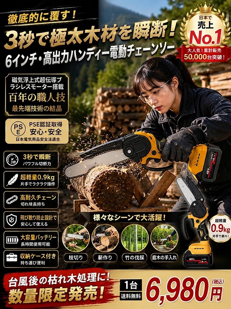 太木も3秒で豆腐カット、片手でスイスイ操作、排ガス・騒音0、半日で500本丸ごと伐採！
