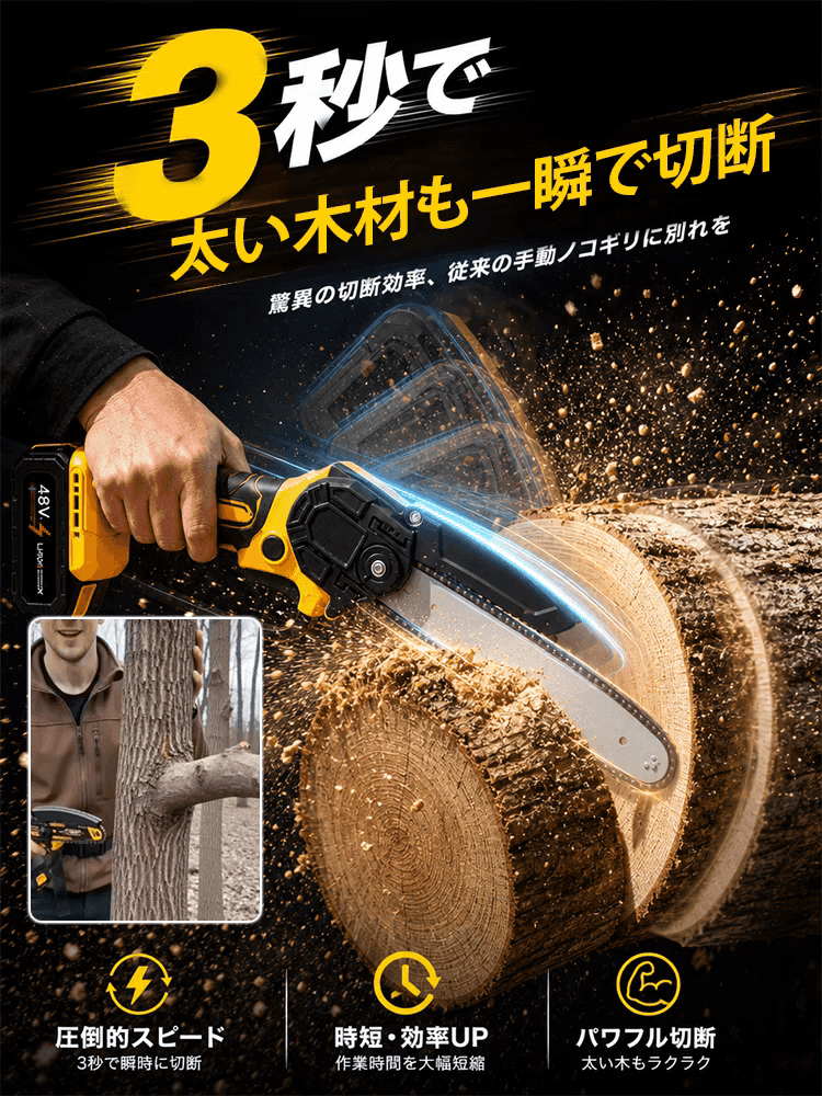 太木も3秒で豆腐カット、片手でスイスイ操作、排ガス・騒音0、半日で500本丸ごと伐採！