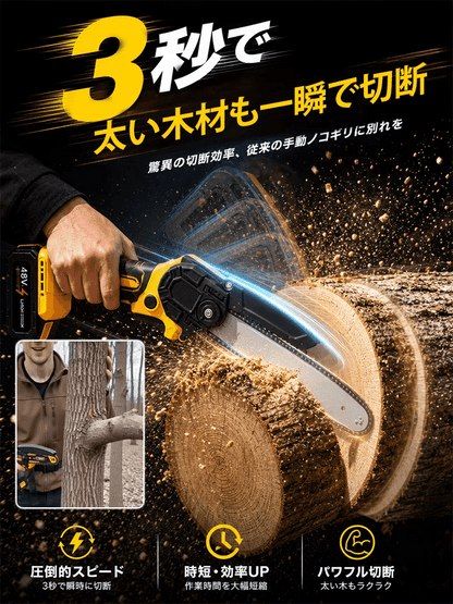 太木も3秒で豆腐カット、片手でスイスイ操作、排ガス・騒音0、半日で500本丸ごと伐採！