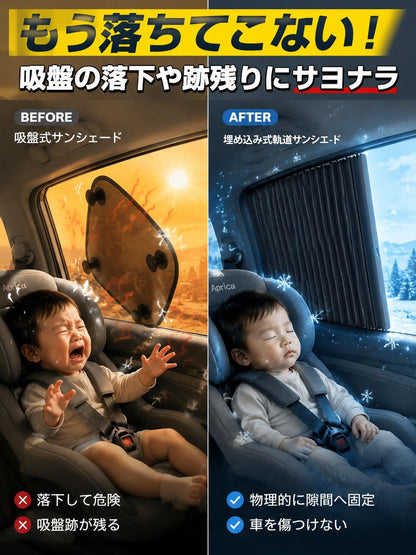 【カーライフ専門家監修】 車用カーテン サンシェード 埋め込み式 スライドレール 4枚セット 遮光 遮熱 UVカット 紫外線対策 窓枠に差し込むだけ ノンシール