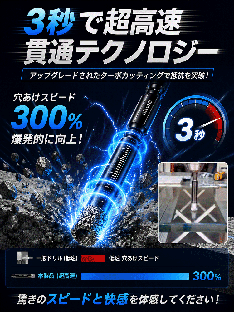 ブラックダイヤモンド六角軸ドリルビット、コンクリート・タイルを3秒でノーダメージ瞬速貫通！