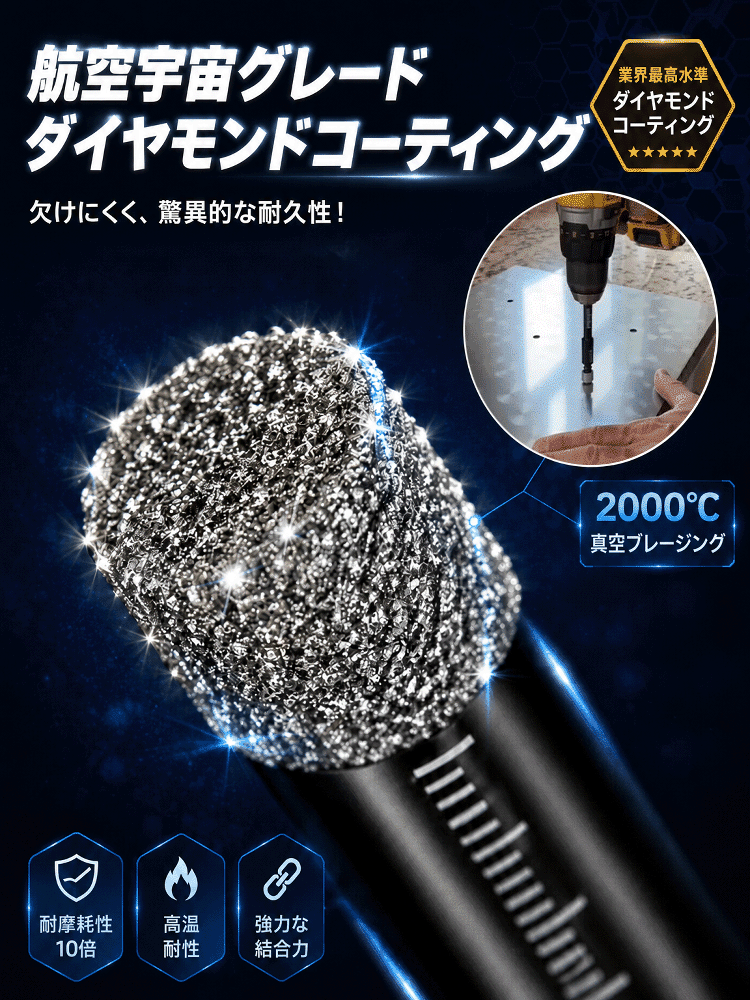 ブラックダイヤモンド六角軸ドリルビット、コンクリート・タイルを3秒でノーダメージ瞬速貫通！