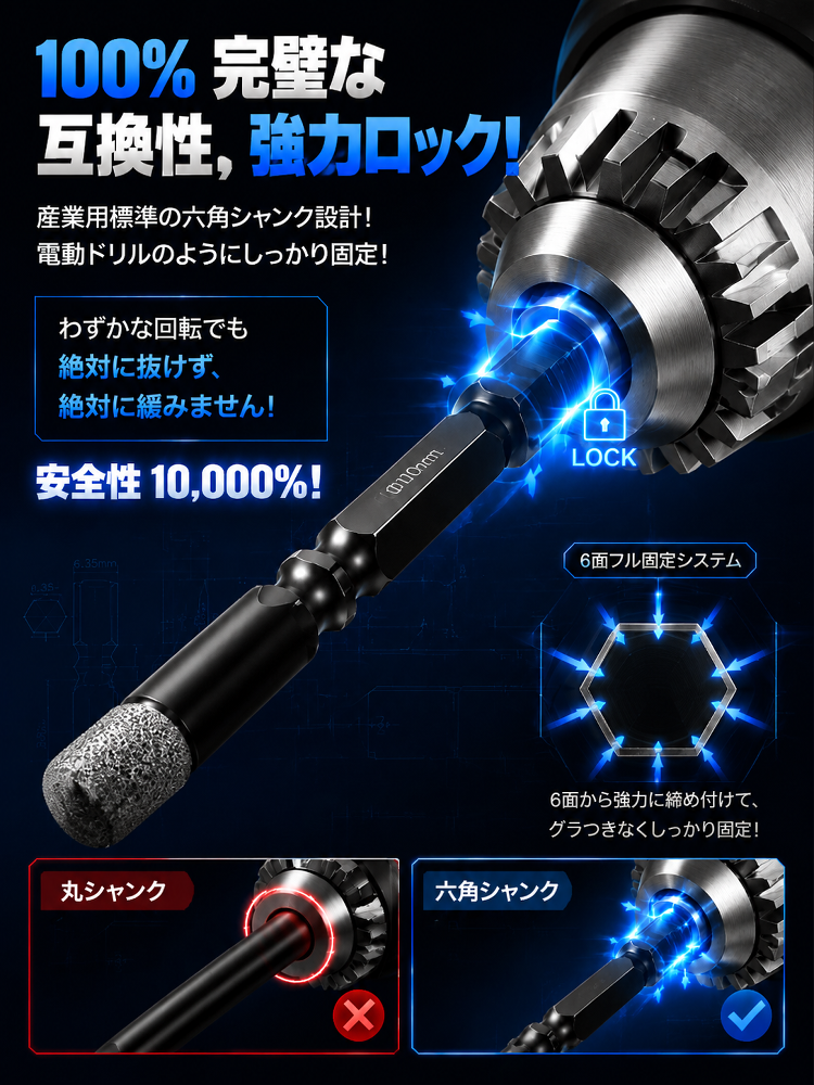 ブラックダイヤモンド六角軸ドリルビット、コンクリート・タイルを3秒でノーダメージ瞬速貫通！
