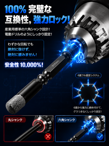 ブラックダイヤモンド六角軸ドリルビット、コンクリート・タイルを3秒でノーダメージ瞬速貫通！