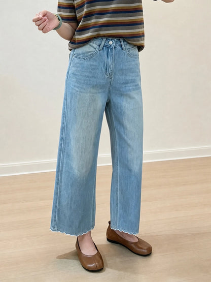 「身長150cm以上向け」ハイウエストすっきり見えフリルヘムストレートデニムパンツ
