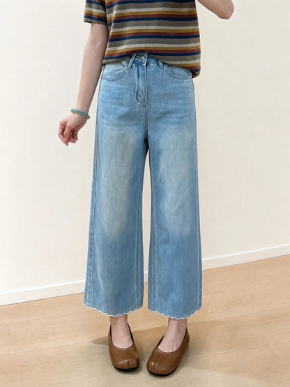 「身長150cm以上向け」ハイウエストすっきり見えフリルヘムストレートデニムパンツ