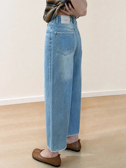 「身長150cm以上向け」ハイウエストすっきり見えフリルヘムストレートデニムパンツ