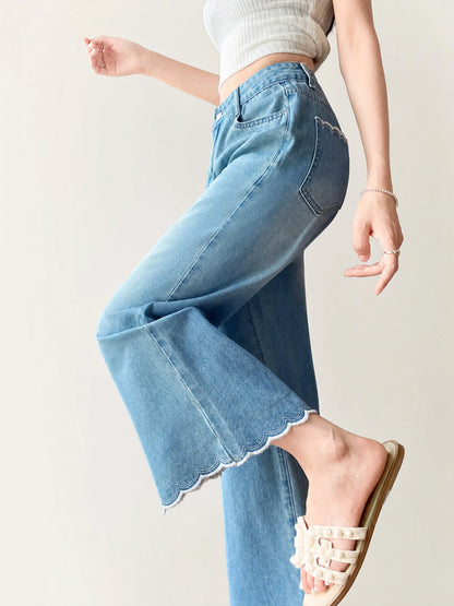 「身長150cm以上向け」ハイウエストすっきり見えフリルヘムストレートデニムパンツ