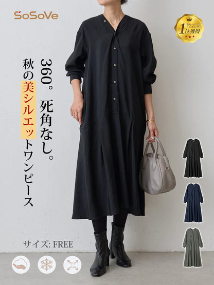 【ゆったり着やせ見え ミモレ丈Vネックワンピース】 バックプリーツデザインで後ろ姿もすっきり。 フロントボタンの縦ラインで、すらっと細見えを叶えます。