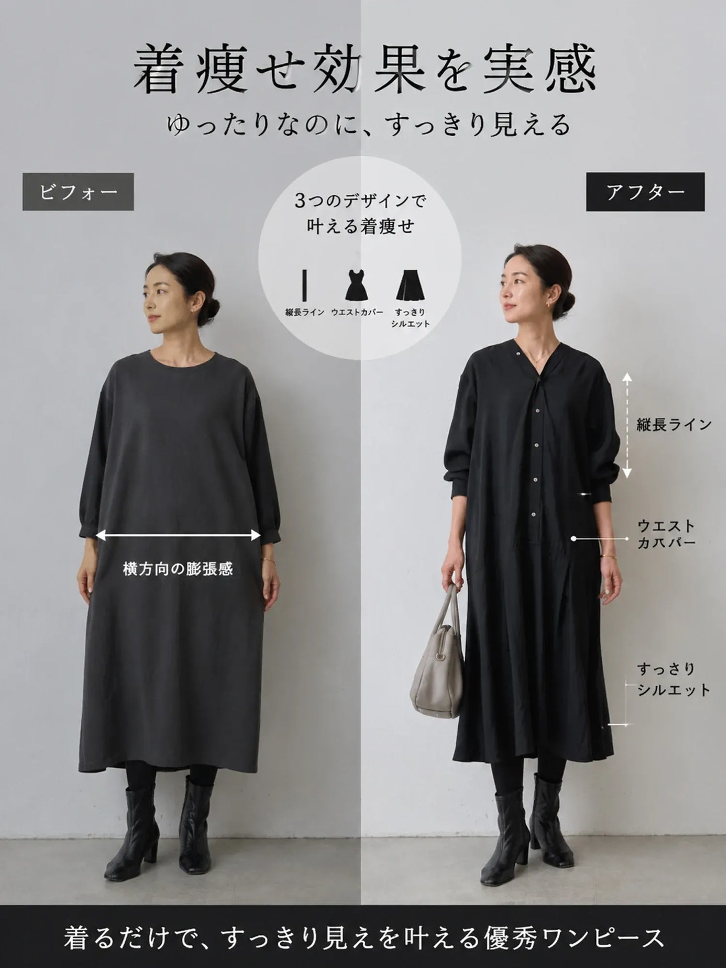 【ゆったり着やせ見え ミモレ丈Vネックワンピース】 バックプリーツデザインで後ろ姿もすっきり。 フロントボタンの縦ラインで、すらっと細見えを叶えます。