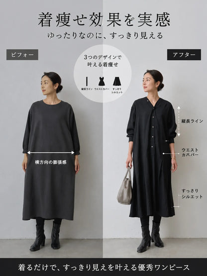 【ゆったり着やせ見え ミモレ丈Vネックワンピース】 バックプリーツデザインで後ろ姿もすっきり。 フロントボタンの縦ラインで、すらっと細見えを叶えます。