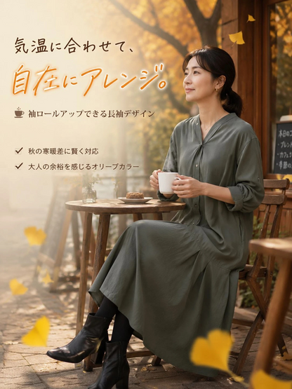 【ゆったり着やせ見え ミモレ丈Vネックワンピース】 バックプリーツデザインで後ろ姿もすっきり。 フロントボタンの縦ラインで、すらっと細見えを叶えます。