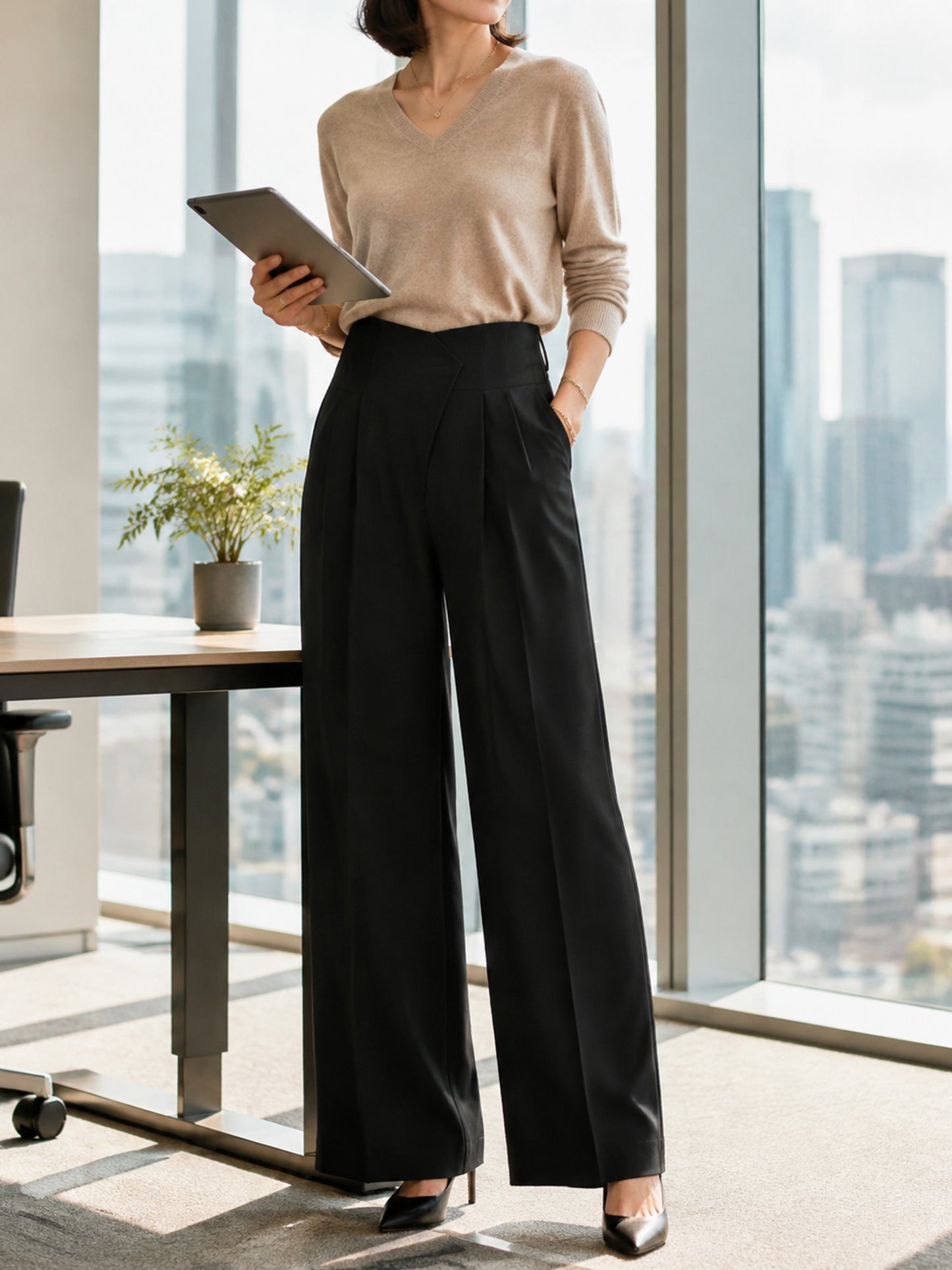 【デザインウエスト ハイウエストワイドパンツ】 斜めフロントのハイウエストデザインと ゆとりのあるストレートワイドシルエットで、 お腹まわりや脚のラインを自然にカバー。 職場にもなじむきちんと感と、 一日中快適なはき心地を兼ね備えています。