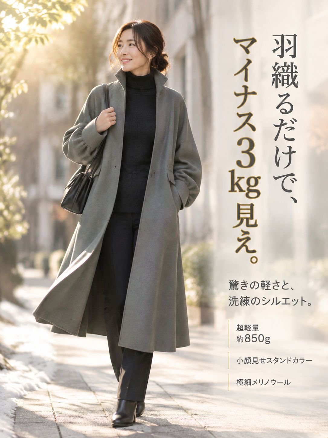 【豪州メリノウール100%・職人仕立て】極上スタンドカラー ロングコート レディース［華奢見えルーズ・着やせ・超軽量保温］秋冬高級ウールアウター
