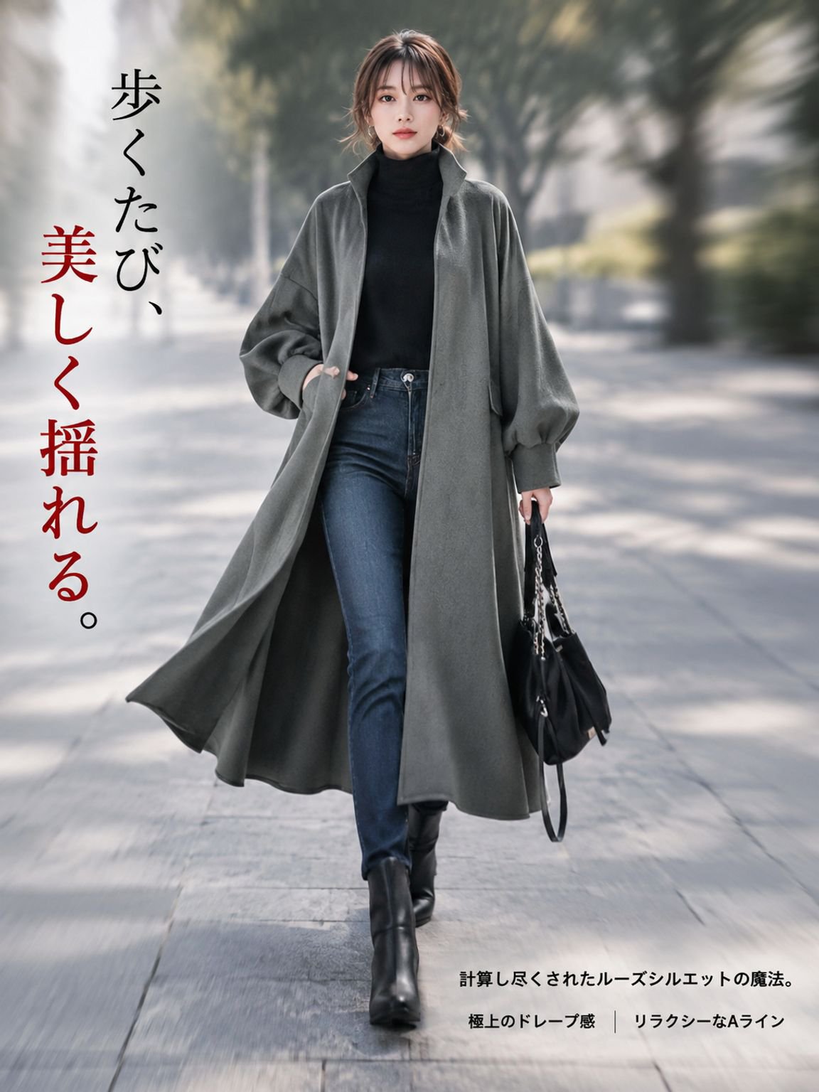 【豪州メリノウール100%・職人仕立て】極上スタンドカラー ロングコート レディース［華奢見えルーズ・着やせ・超軽量保温］秋冬高級ウールアウター