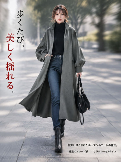 【豪州メリノウール100%・職人仕立て】極上スタンドカラー ロングコート レディース［華奢見えルーズ・着やせ・超軽量保温］秋冬高級ウールアウター