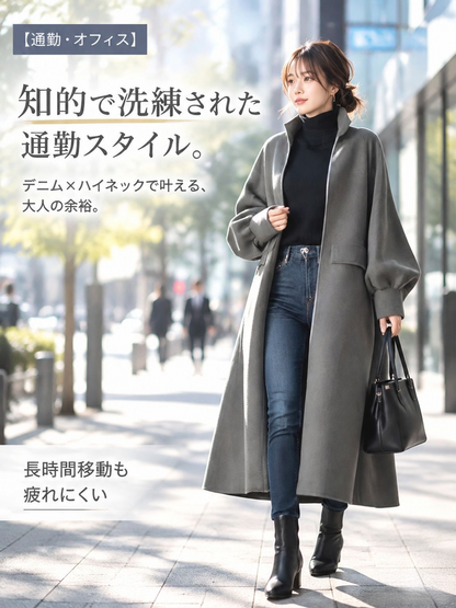 【豪州メリノウール100%・職人仕立て】極上スタンドカラー ロングコート レディース［華奢見えルーズ・着やせ・超軽量保温］秋冬高級ウールアウター