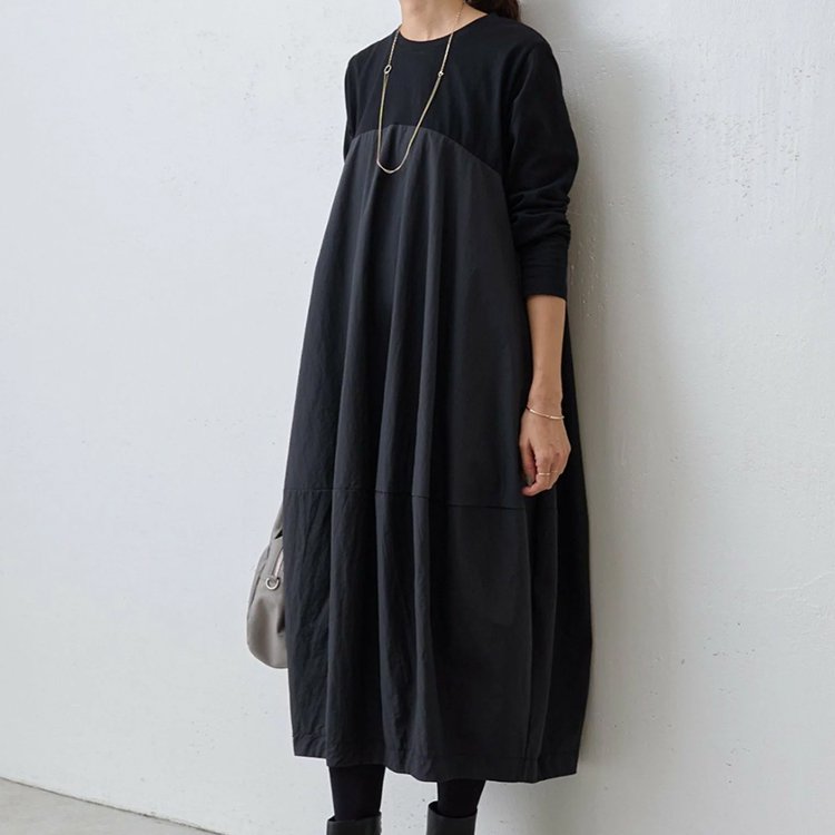大きいサイズの長袖クルーネック切り替えワンピース  ゆったりシルエットで体型カバー、美しさと快適さを両立！