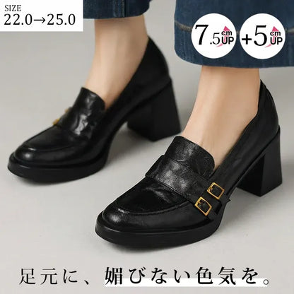 【安定感抜群・走れる太ヒール】ダブルバックル ローファー レディース 5cm 7.5cm 選べる高さ 痛くない 通勤 黒 スクエアトゥ 幅広