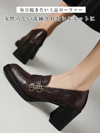 【安定感抜群・走れる太ヒール】ダブルバックル ローファー レディース 5cm 7.5cm 選べる高さ 痛くない 通勤 黒 スクエアトゥ 幅広