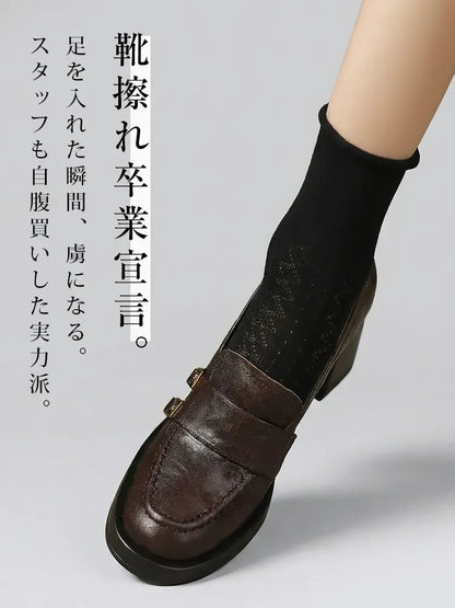 【安定感抜群・走れる太ヒール】ダブルバックル ローファー レディース 5cm 7.5cm 選べる高さ 痛くない 通勤 黒 スクエアトゥ 幅広